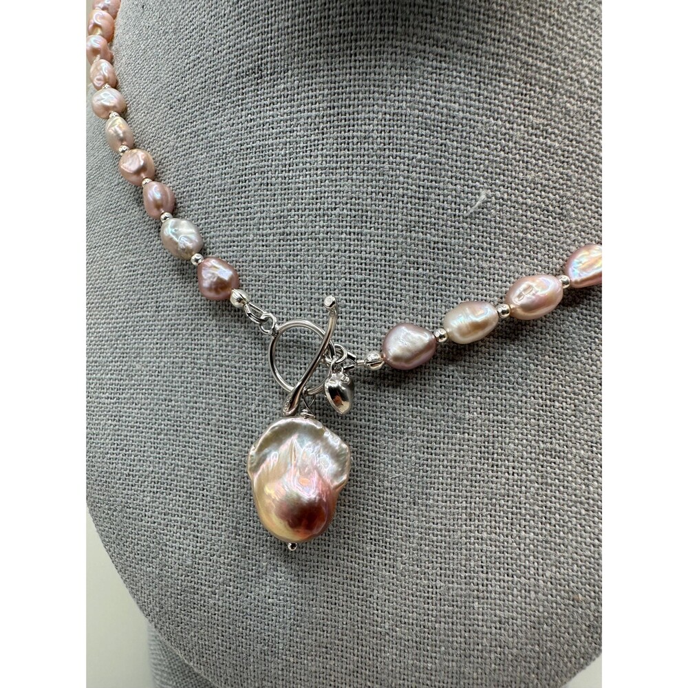 Keshi Baroque Pearl Pendant Necklace, Iridescent Sterling Silver Jewelry